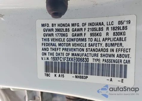 2019 Honda Civic Ex из США, поврежденный, VIN 19XFC1F3XKE006830